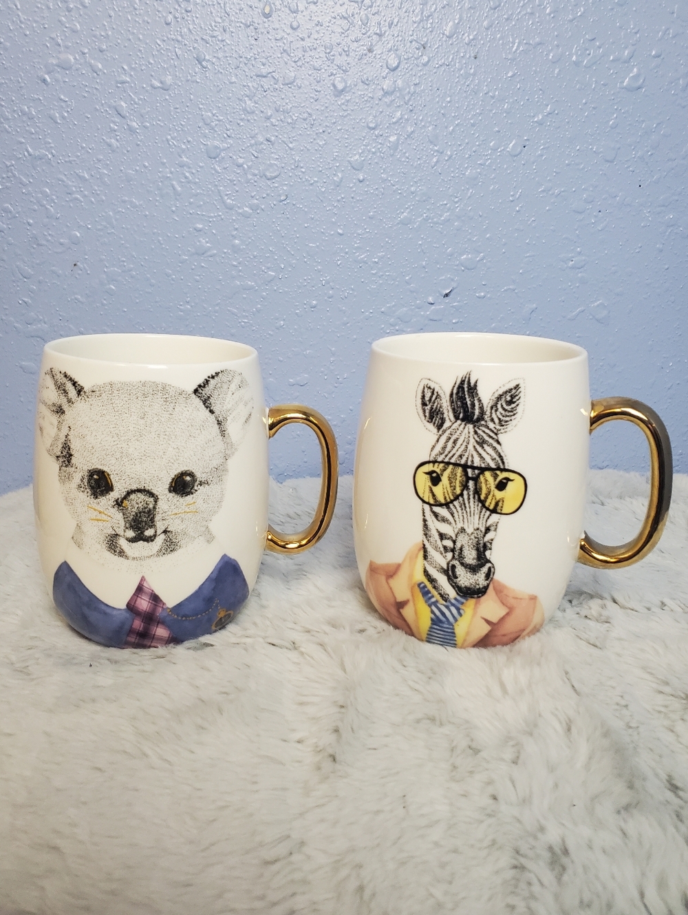 Set of 2 Pier 1 Imports Mugs: Zebra With Gold Handle and Koala With Gold Handle
